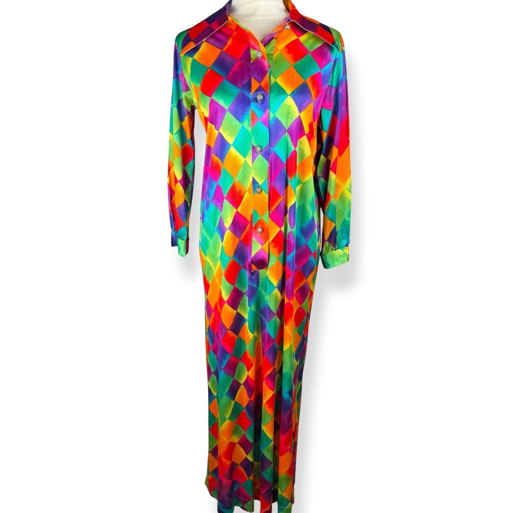 Vintage 70s Harlequin Maxi Dress Womens Size Small Disco Colorful Rainbow USA